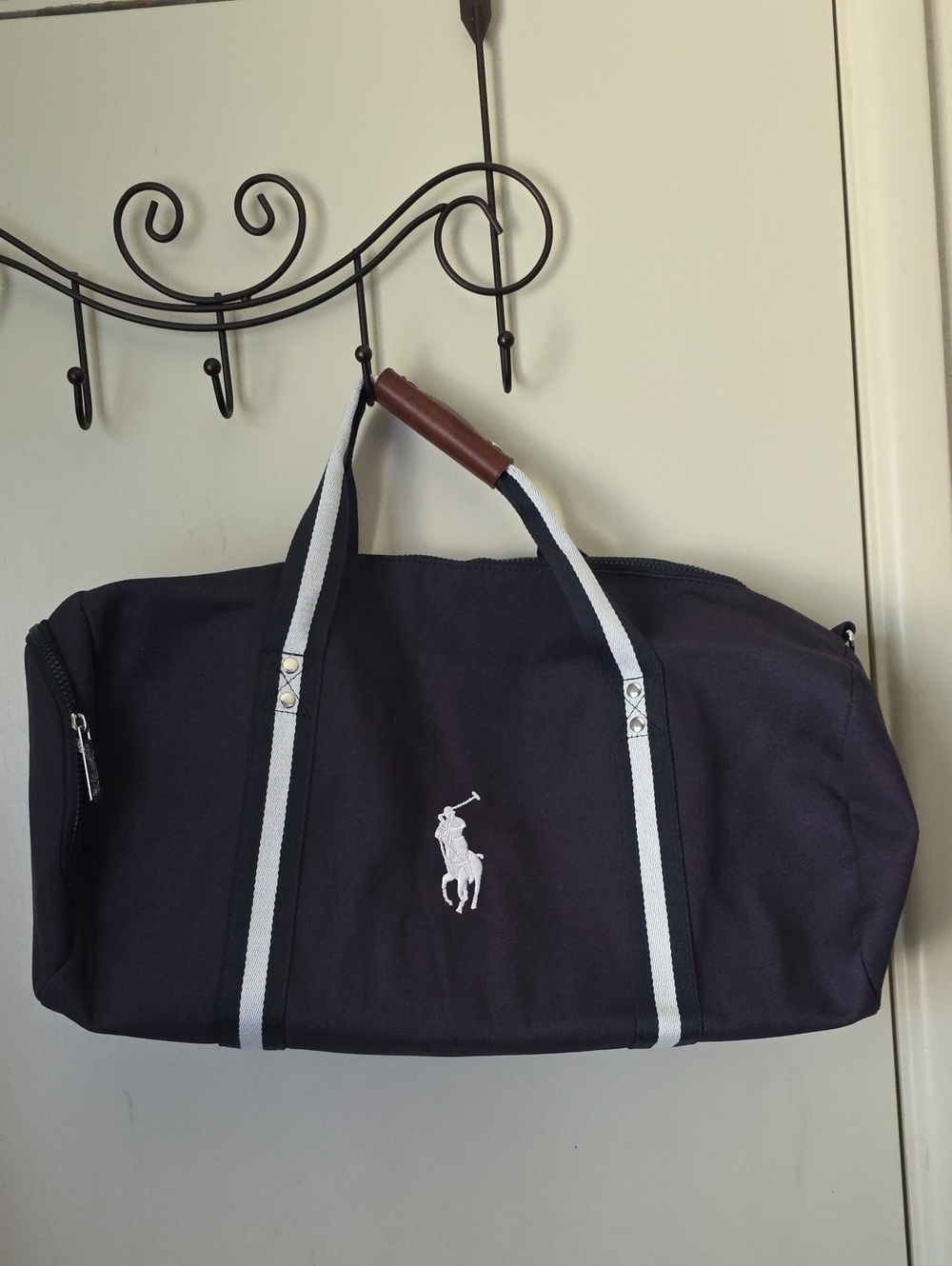 Polo by Ralph Lauren Navy Duffel with White Striped Handles and White Logo